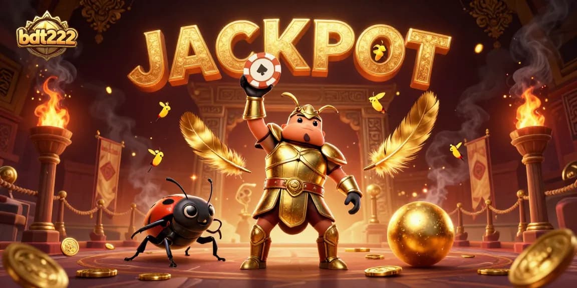Engage with bdt222's thrilling games and jackpot opportunities depicted in a vibrant, animated scene.