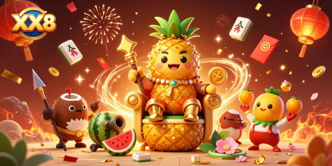 Engage with the vibrant world of XX8 through a 3D illustration featuring a golden pineapple king in a lively beach casino.
