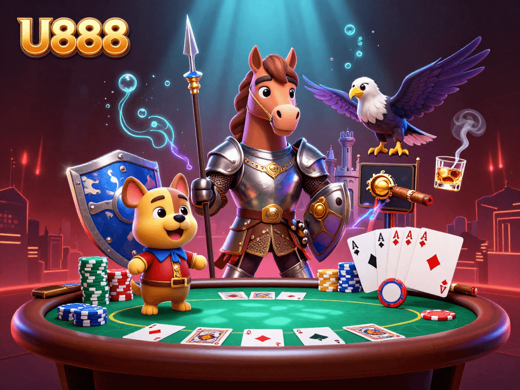U888 presents a vibrant 3D medieval casino scene bursting with colors and gaming excitement.