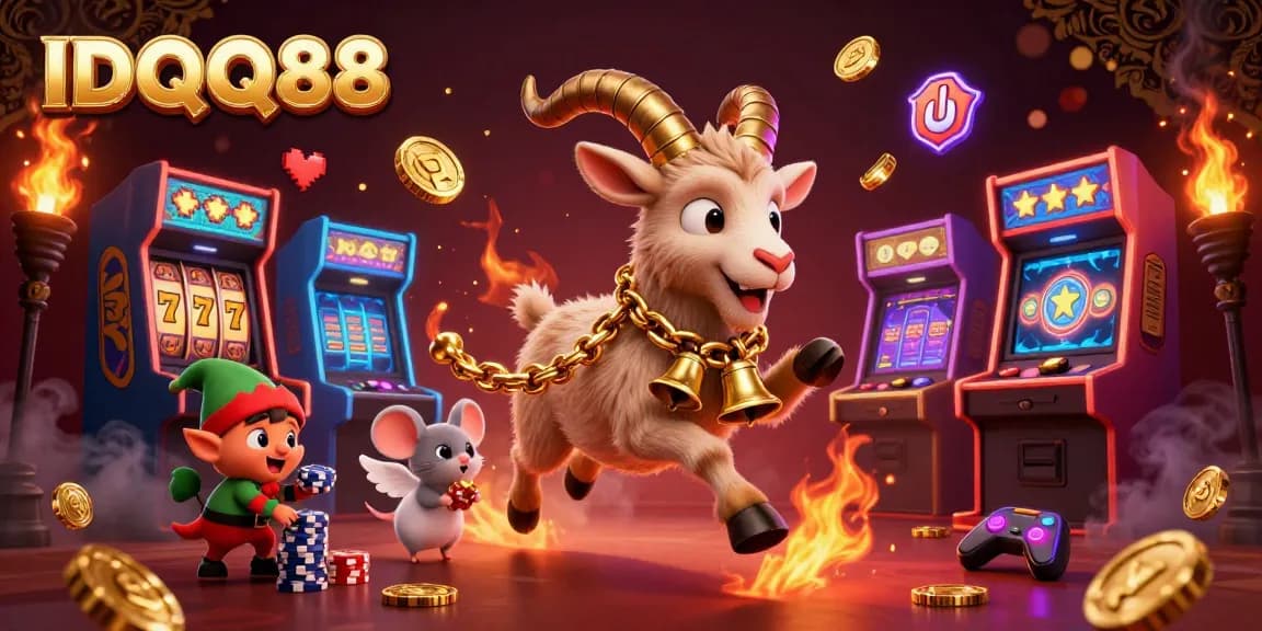 Experience the excitement at IDQQ88 with a festive casino scene featuring a Krampus goat and gaming elements.