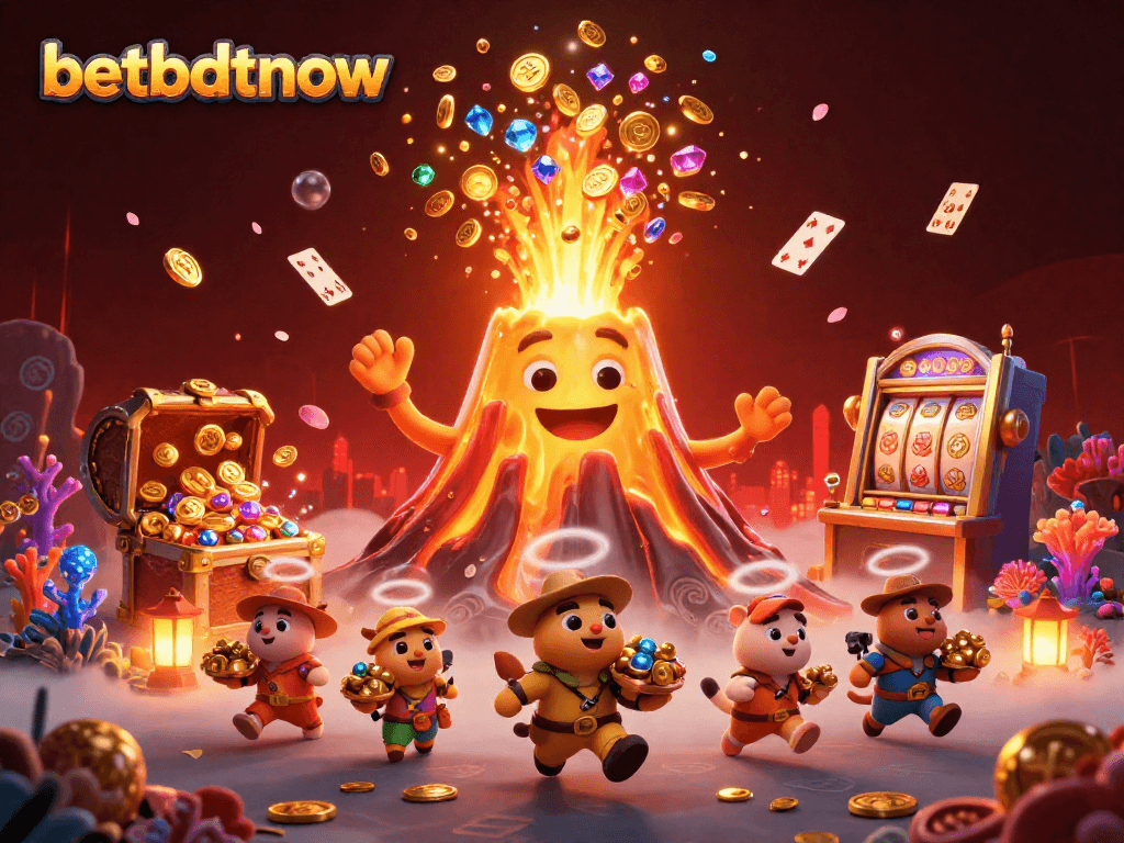 Experience thrilling wins at betbdtnow with this dynamic casino scene featuring a volcano showering treasures!