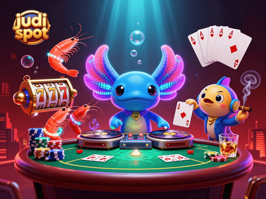Menang judi slot dengan suasana kasino yang meriah, penuh warna dan keseruan.