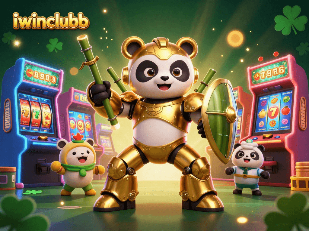 Engage with iwinclubb's vibrant slots scene featuring a mech-suit panda amidst arcade games.