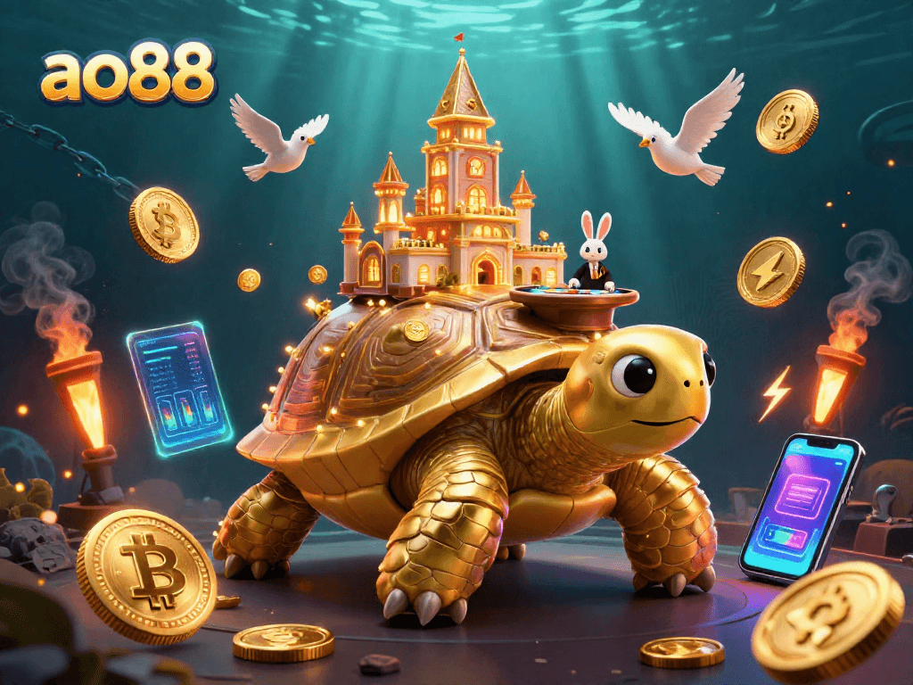 Engage in thrilling bets at ao88 with the excitement of a vibrant casino scene featuring golden tortoise, rabbit dealer, and flying coins.
