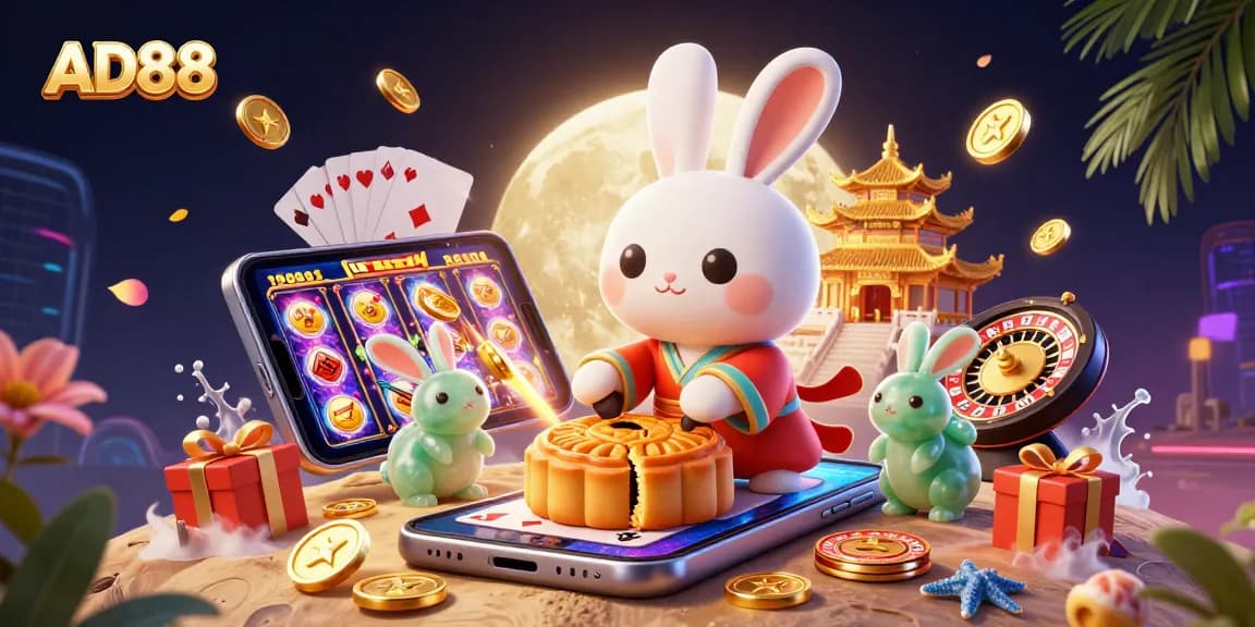 Experience thrilling gameplay with AD88's moon rabbit gaming adventure featuring poker chips and exciting slot action.
