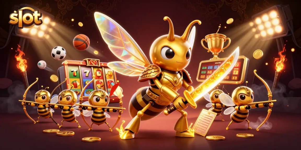 Slot menampilkan hornet emas 3D bertopeng samurai dengan elemen ladang dan simbol buah, memikat para penjudi.