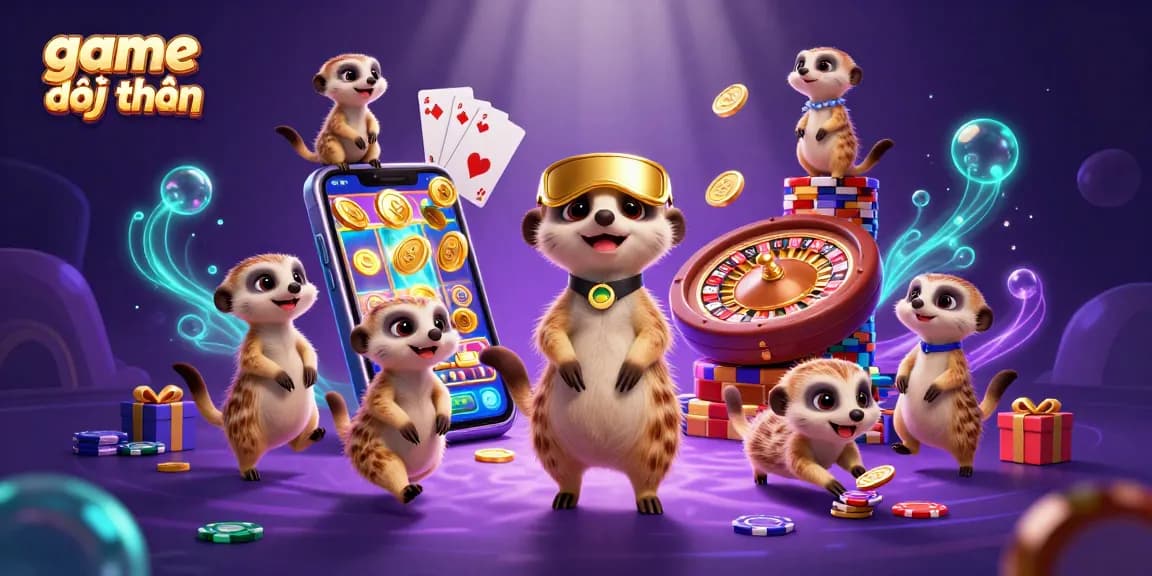 Experience game đổi thưởng with meerkats managing a vibrant casino scene, showcasing games and excitement.