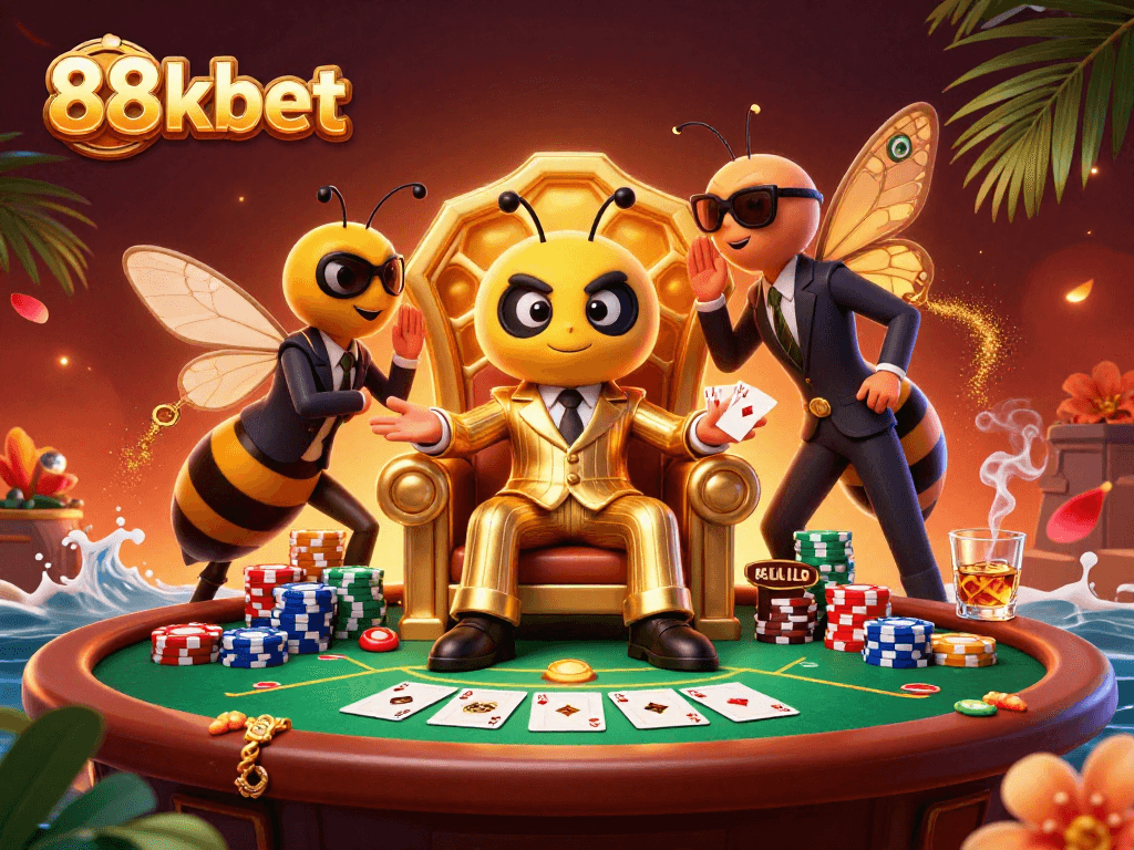 The 88kbet casino scene features a mob boss bee surrounded by poker elements and vibrant decorations.