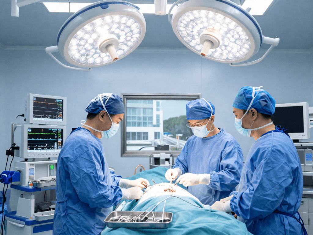 Focused operating room scene depicting beyin tümörü ameliyatı preparation with medical professionals and advanced surgical tools.