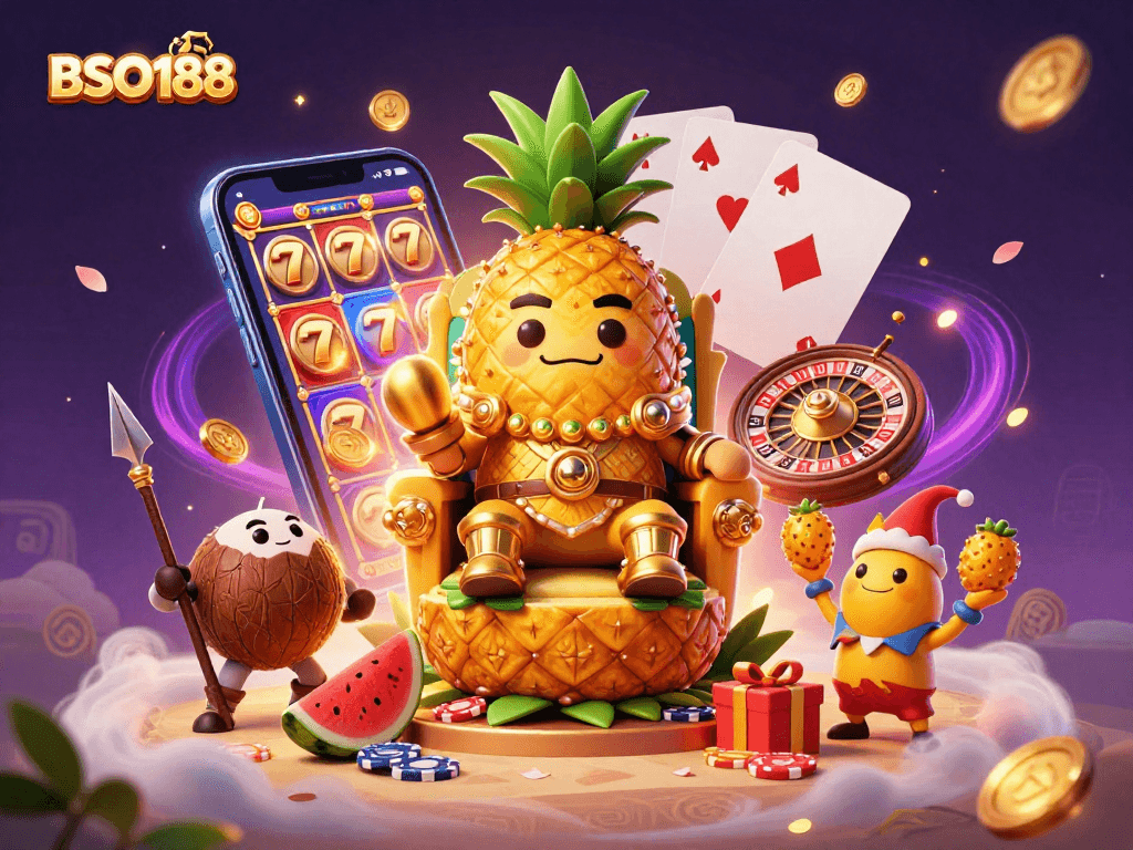 BSO188's vibrant beach casino scene with a pineapple king and interactive gaming elements.