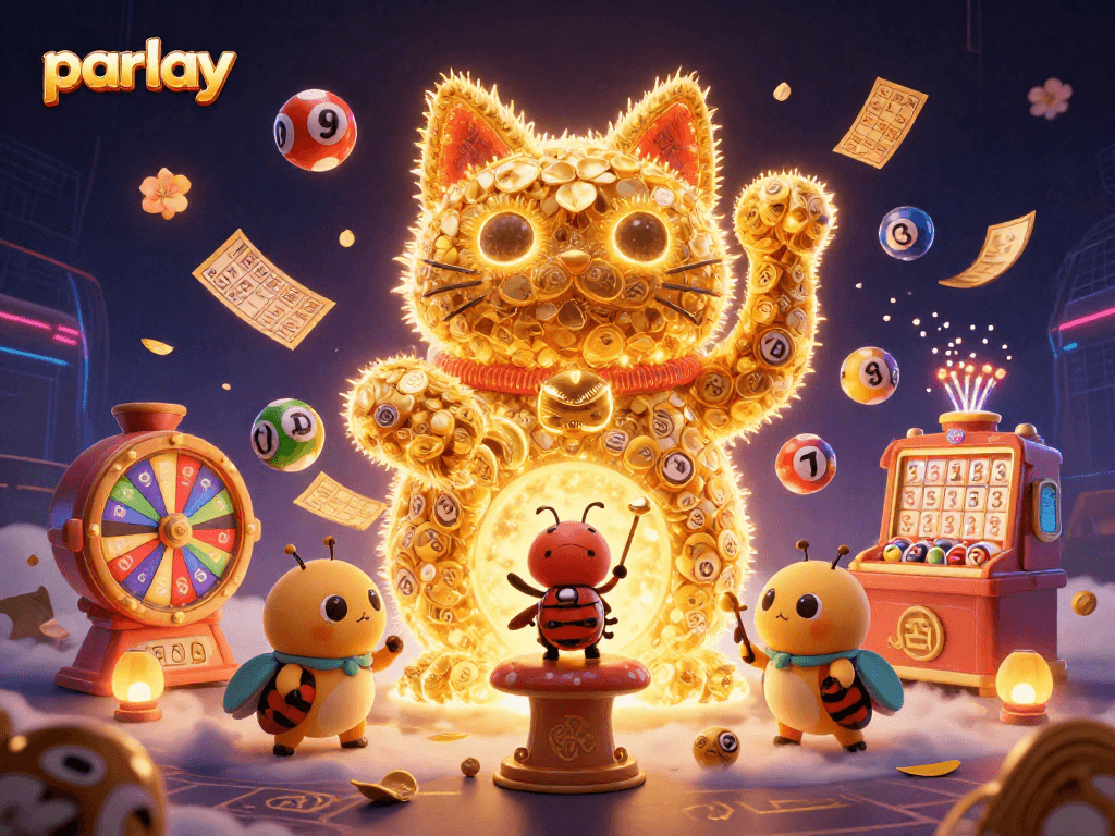 Engage with parlay betting strategies through a vibrant 3D depiction of a lucky cat and casino elements.