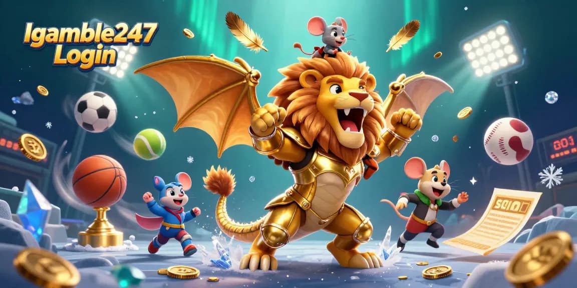 Igamble247 Login showcases a dynamic casino scene with vibrant elements and a chimera creature, enhancing the gaming experience.