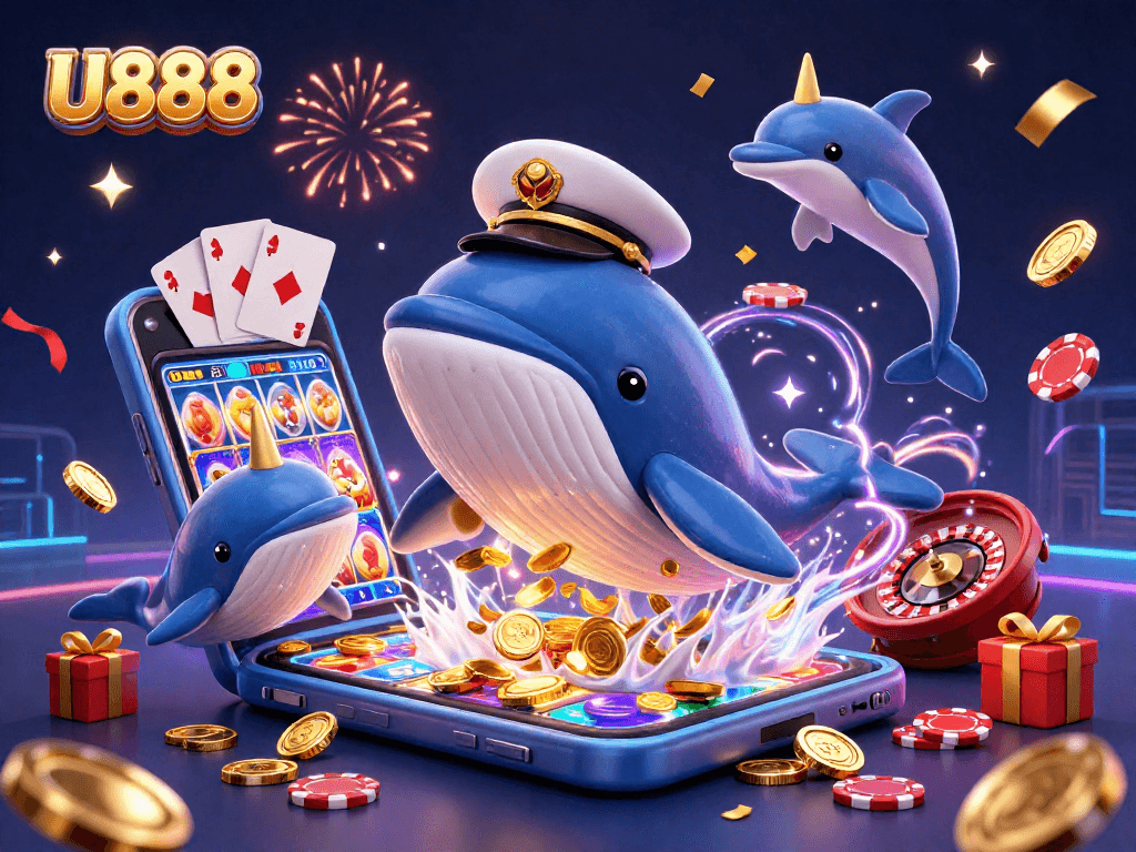 U888 offers thrilling casino excitement as a cartoon whale celebrates amidst coins and poker chips.