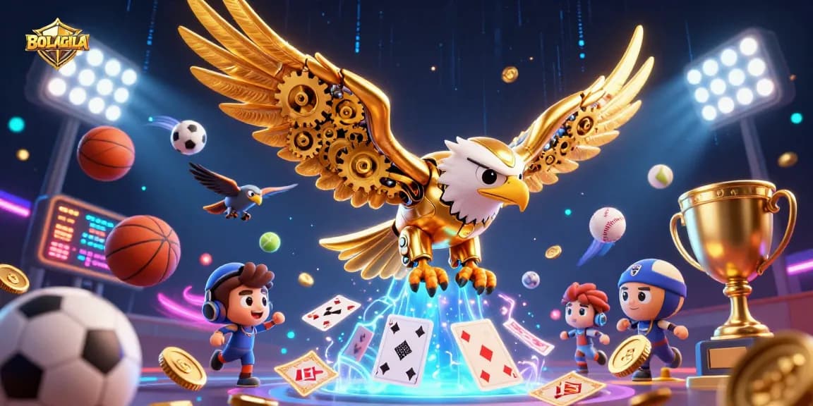 BOLAGILA captivates players with a dynamic 3D illustration of a golden eagle amidst flying sports elements.