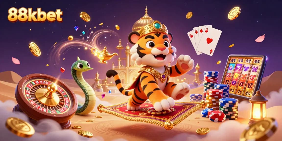 Experience the thrilling world of 88kbet with a vibrant casino scene featuring a tiger sultan on a carpet made of poker chips.