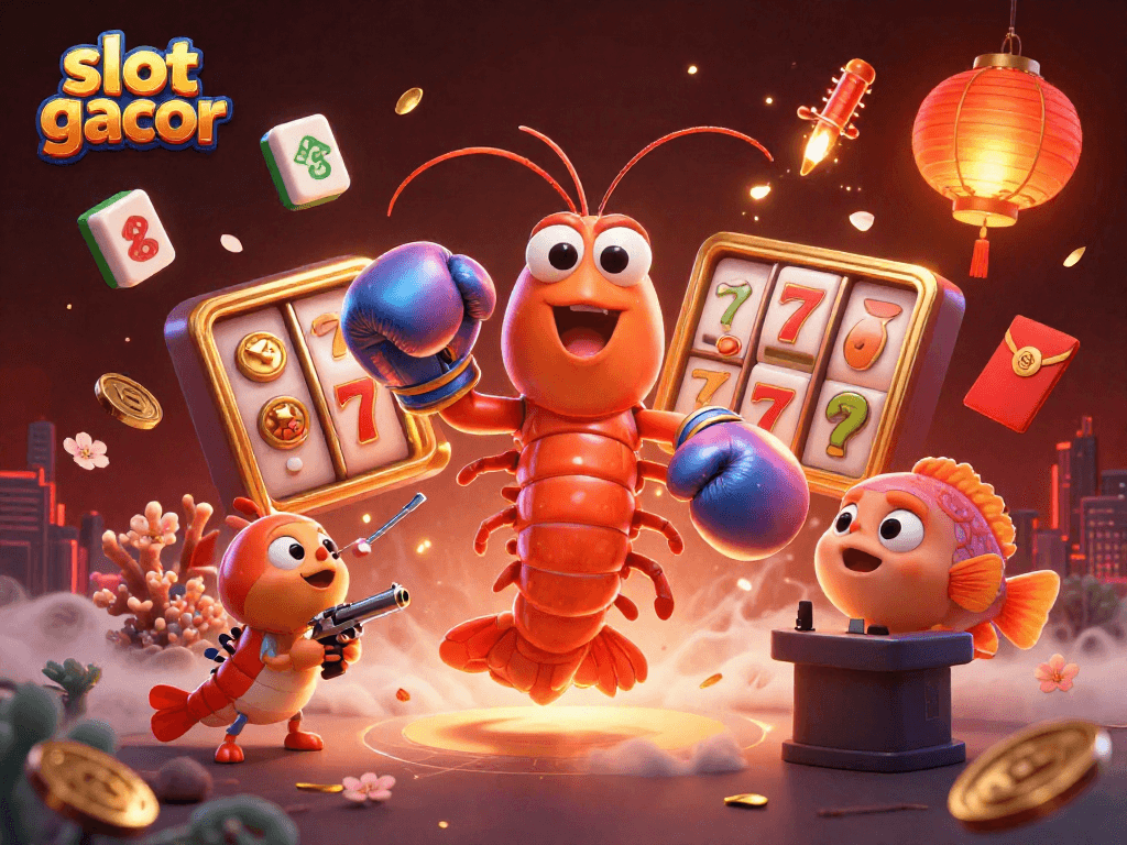 Experience the excitement of slot gacor with dynamic 3D casino characters amidst vibrant gaming elements.