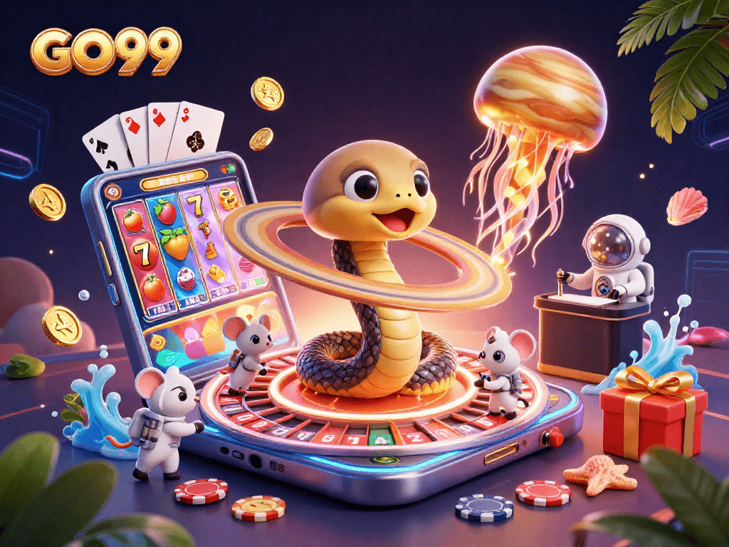 Engage with GO99 casino's vibrant cosmic scene featuring a Saturn snake roulette and playful astronaut mice betting.