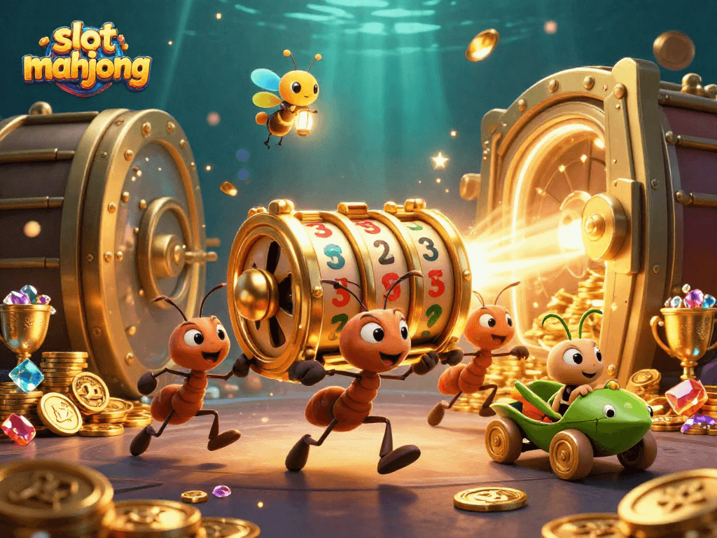 Menangkan slot mahjong dengan simbol jackpot dan harta karun berkilauan dalam ilustrasi kasino.