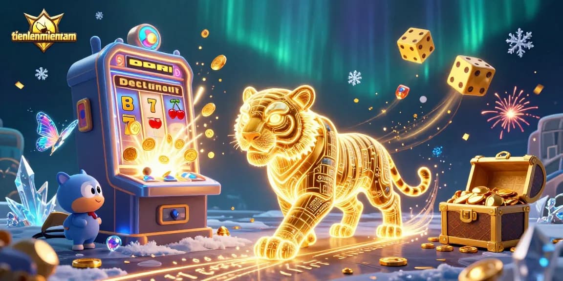 Experience thrilling wins at tienlenmiennam with a dynamic digital casino illustration featuring vibrant 3D characters and elements.