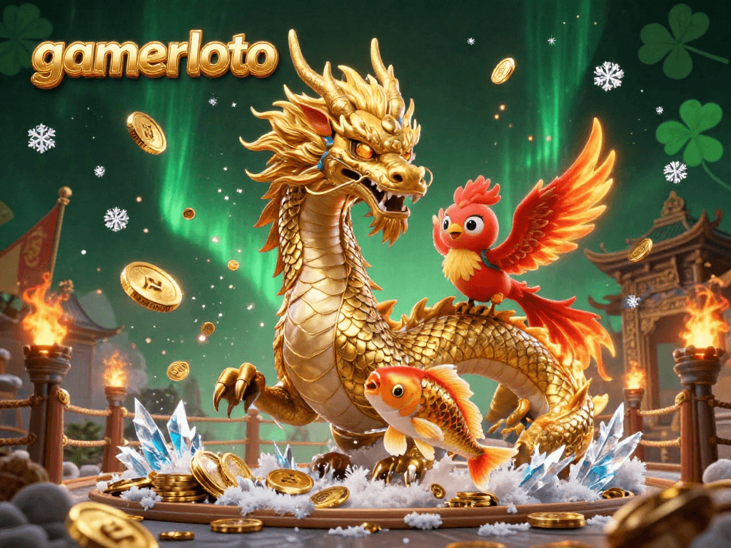 Experience the thrill of gaming at gamerloto with a fierce dragon and lucky koi fish amidst coins and betting tokens.
