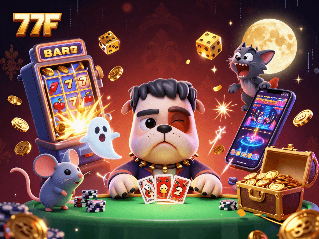 Explore o mundo vibrante de 77F com um bulldog Frankenstein e um gato lobo em um cassino.