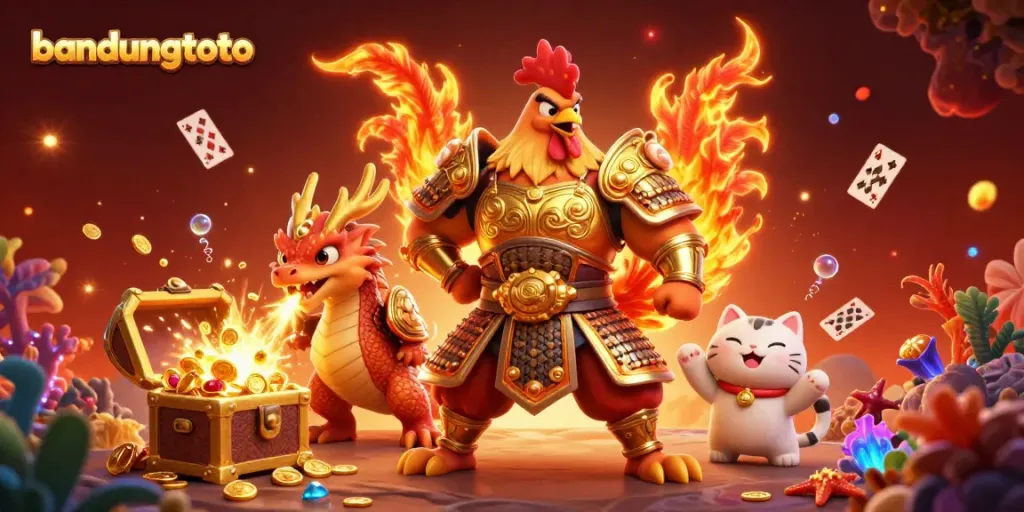 Engage with bandungtoto's vibrant gambling universe through a powerful 3D illustration featuring a rooster warrior.