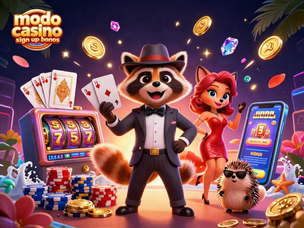 Engage with the modo casino sign up bonus featuring a raccoon in a suit, fox lady, and hedgehog bouncer amidst slot machine reels and casino elements.