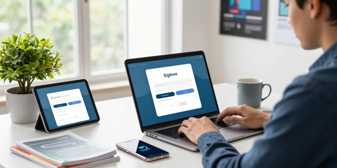 User interacting with bigdewa login interface on a modern laptop in a vibrant tech workspace.