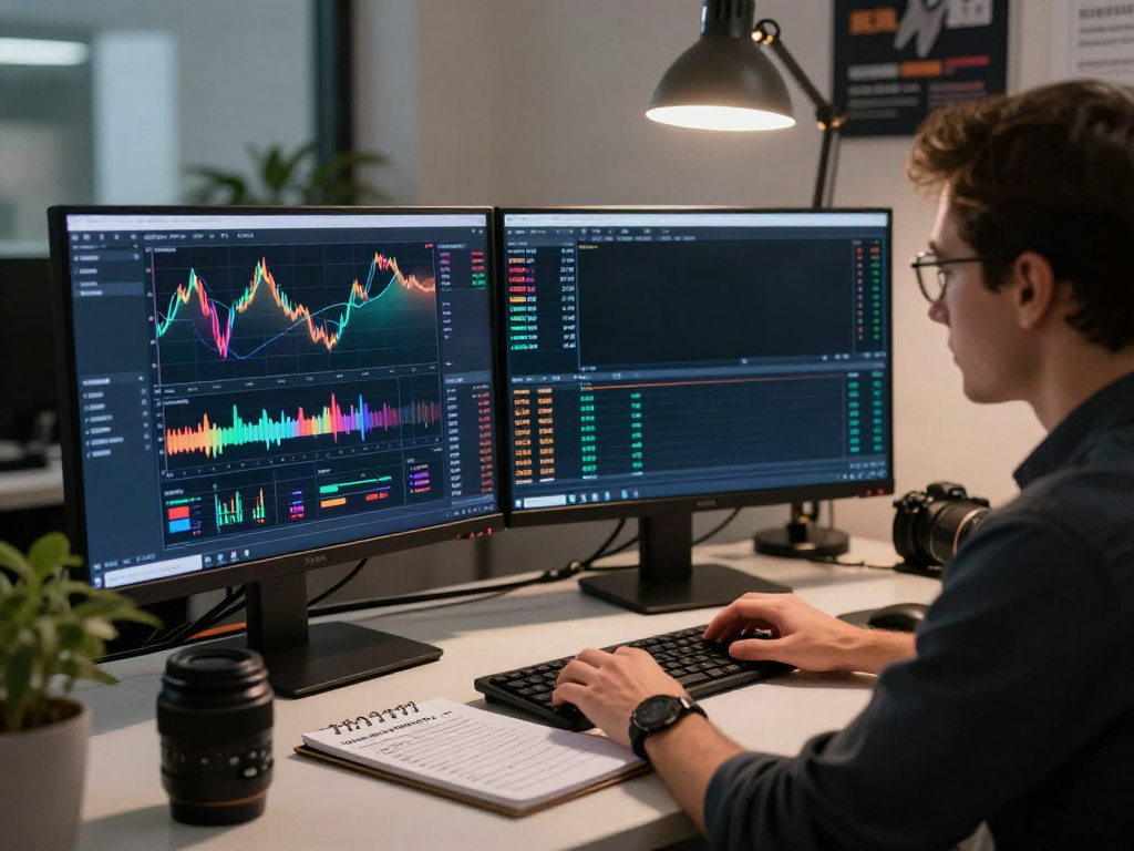 Trader analyzing TradingView charts in a modern workspace setup.