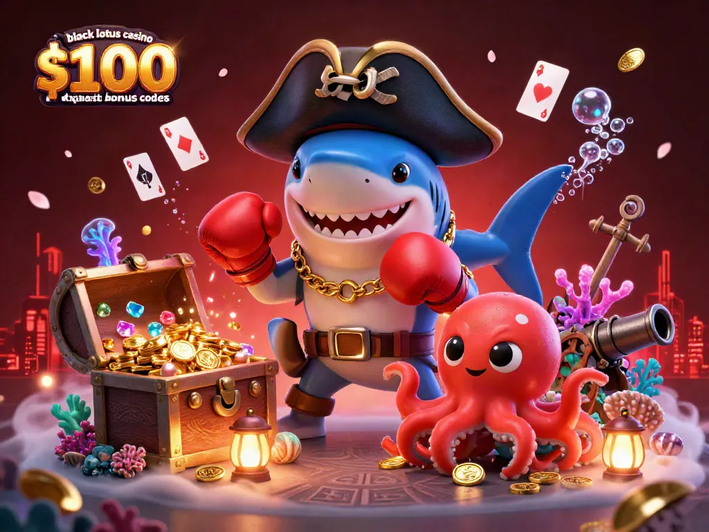 Play with exciting black lotus casino $100 no deposit bonus codes in a vibrant underwater scene featuring a cartoon shark, pufferfish, and octopus.
