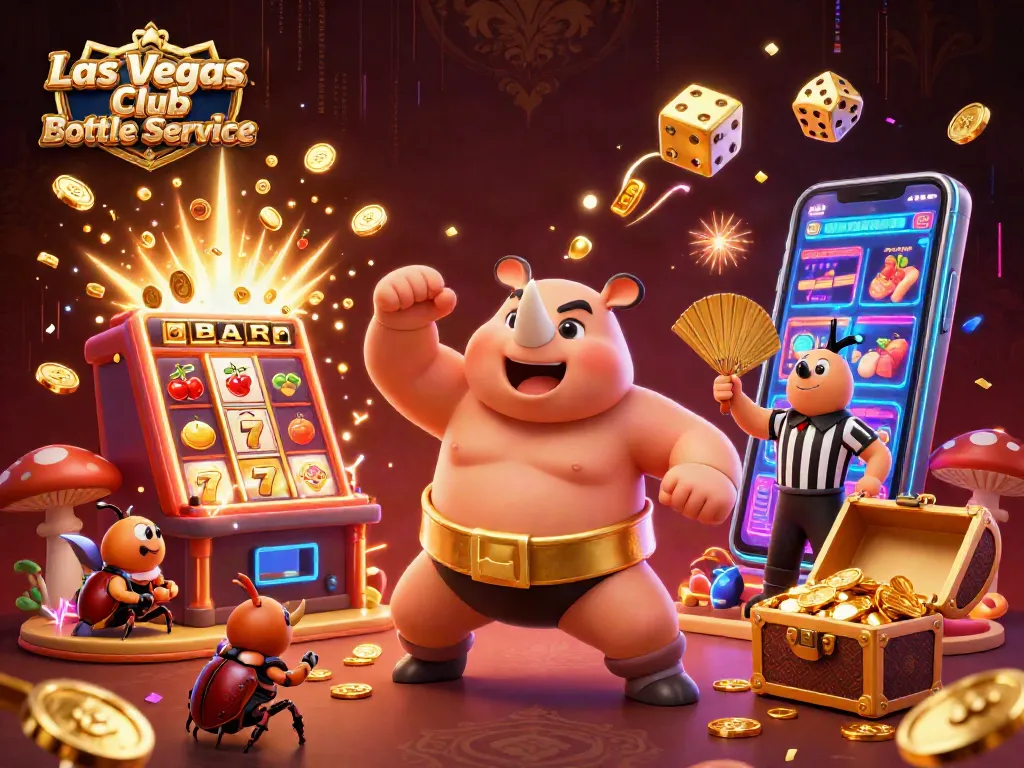 Experience Las Vegas Club Bottle Service with a vibrant 3D illustration showcasing a rhinoceros beetle champion and dynamic gaming elements.