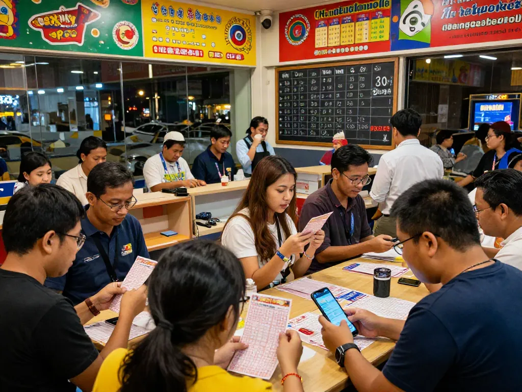 Suasana ramai di hall permainan lotere dengan pemain memeriksa tiket dan menggunakan aplikasi ratutogel.