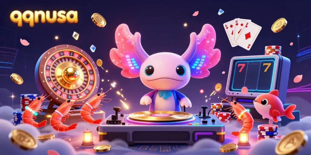 Experience thrills at qqnusa casino with a vibrant underwater scene of a DJ, dazzling elements, and coins cascading.