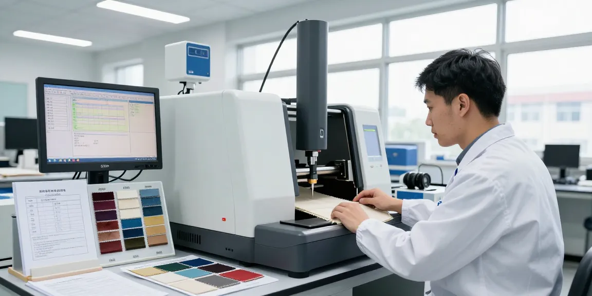Technician operating an automatic tensile testing machine for fabric in a modern textile testing lab.