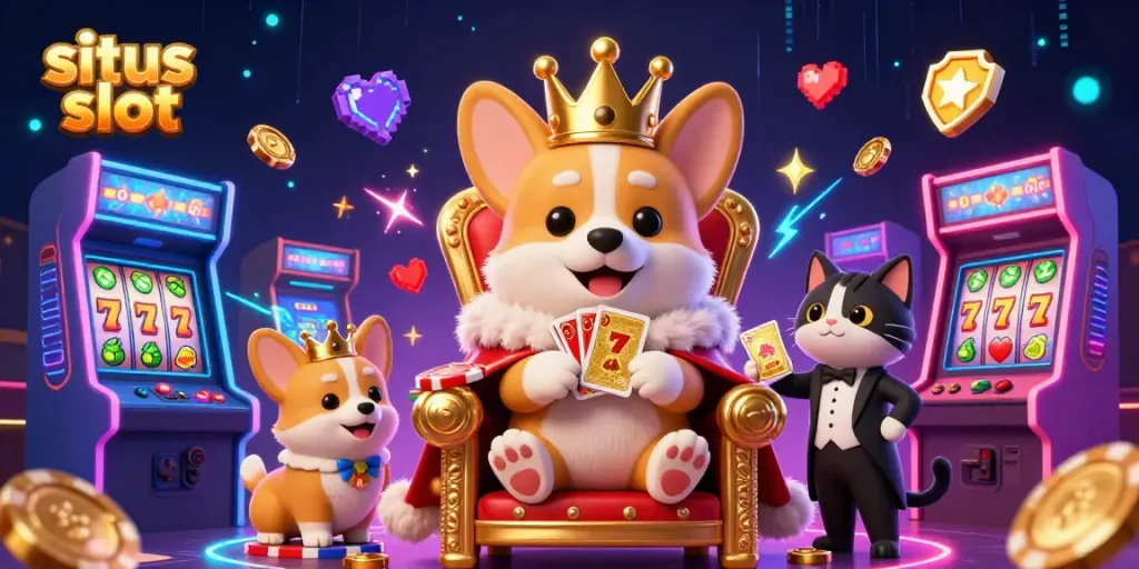 Situs slot illustration featuring a royal corgi on poker chip throne with vibrant slot elements