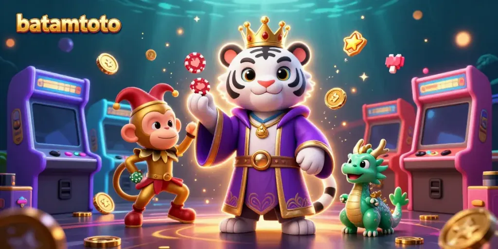 Experience batamtoto with an enchanting scene of playful characters and vibrant gaming elements in a dynamic casino world.