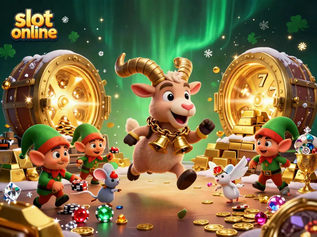 Experience thrilling action in a slot online casino scene with playful characters and gleaming treasures.
