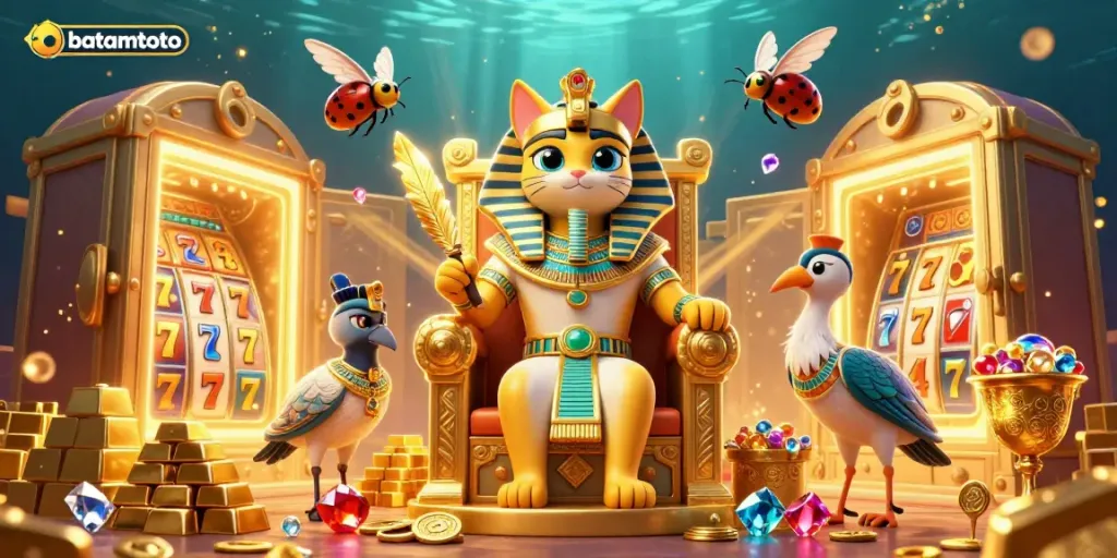 Experience batamtoto's thrilling casino world with a vibrant pharaoh cat, sparkling treasures, and slot reels.