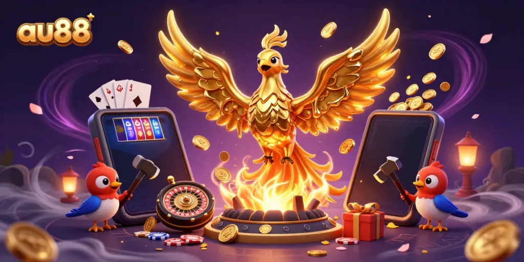 Experience gaming excitement with au88 as a molten phoenix creates coins in a vibrant casino scene.