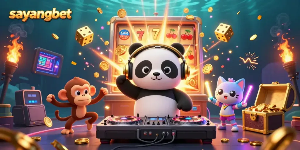 Spin and win with sayangbet in this vibrant 3D casino scene, featuring a DJ panda and a breakdancing monkey.