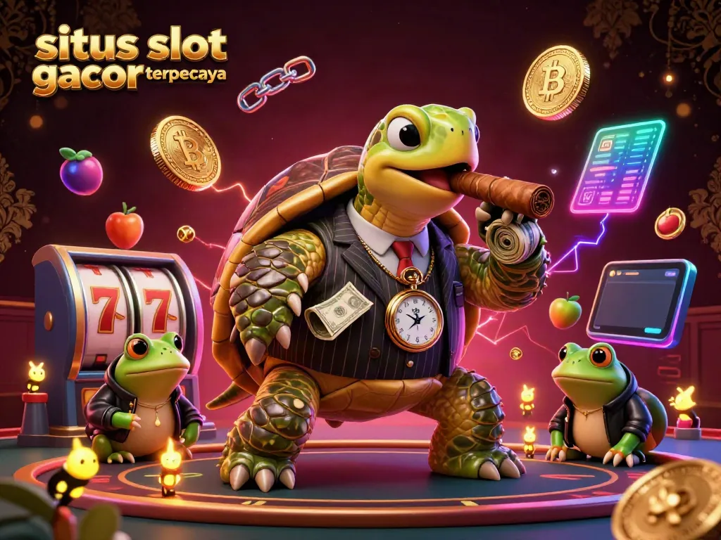 Experience the vibrant and energetic world of situs slot gacor terpercaya with a cartoon turtle mobster surrounded by colorful slot elements.