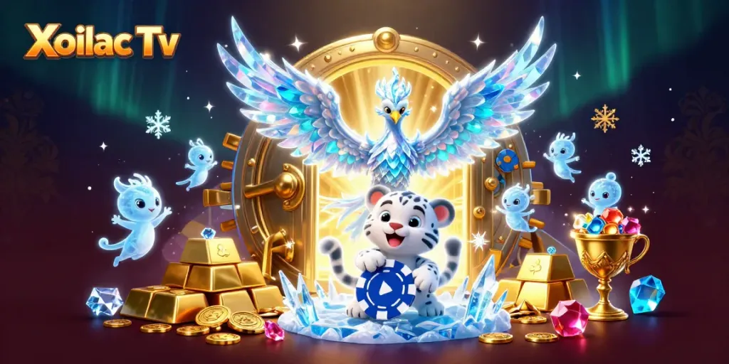 Xoilac Tv showcases an ice phoenix and snow leopard cub amidst vibrant casino elements, celebrating gaming joy.