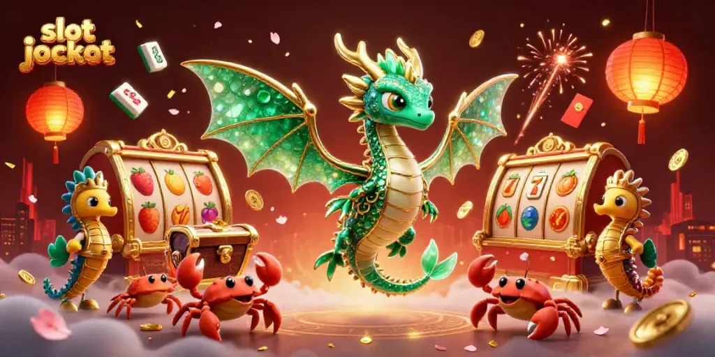 Memenangkan slot jackpot dengan ilustrasi luar biasa berupa naga laut 3D dan simbol permainan yang berkilau.