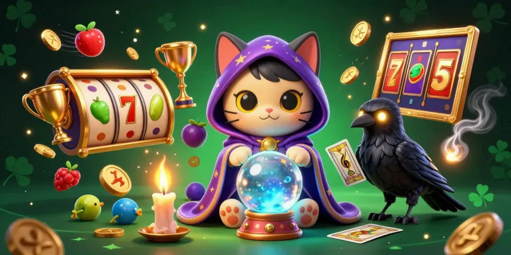 Cottoncloud presents an enchanting scene with a mystic cat and raven amidst vibrant slot reels and lucky symbols.