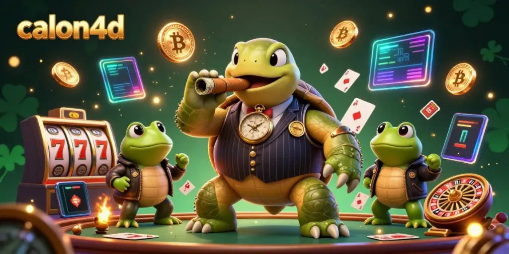 Gadis dealer profesional bersama kura-kura besar dan katak bullfrog di calon4d, permainan kasino online yang mengasyikkan.
