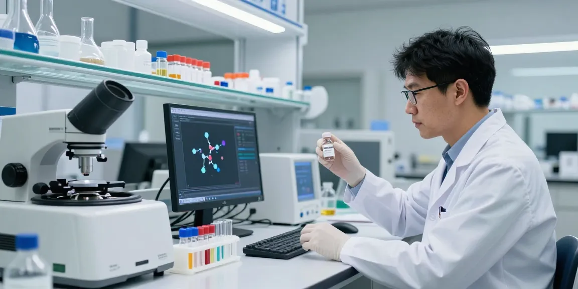 Tesamorelin compounding pharmacy setting with a researcher analyzing peptide data in a modern laboratory.