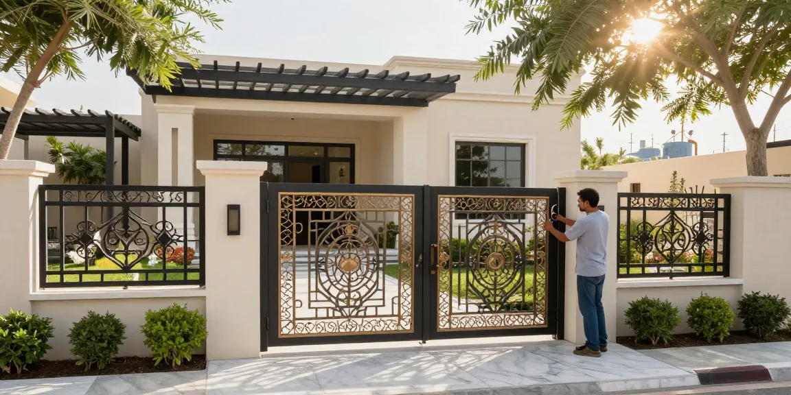 Custom-built metal gate by Al taher group installed at a home in Fujairah with beautiful landscaping.