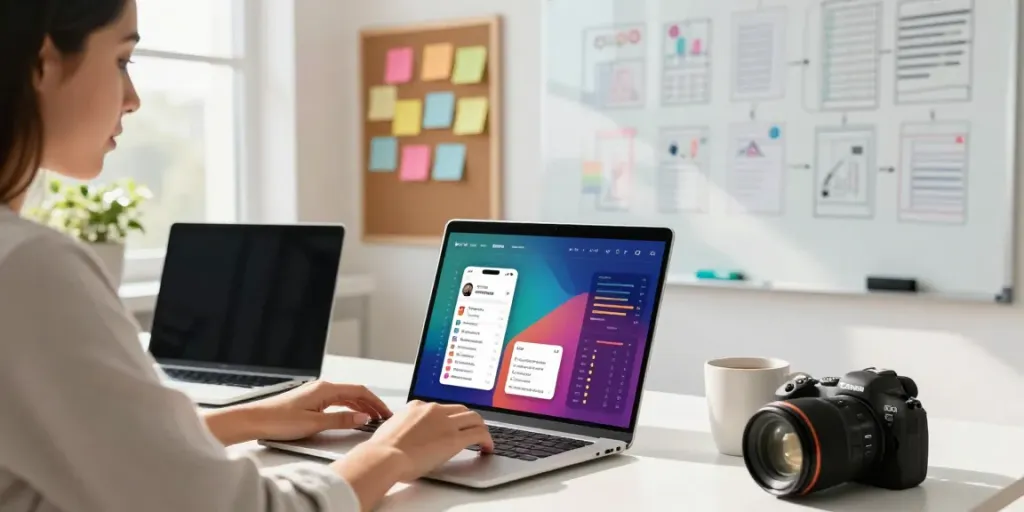 Woman using Insanony to analyze Instagram stories data on her laptop.