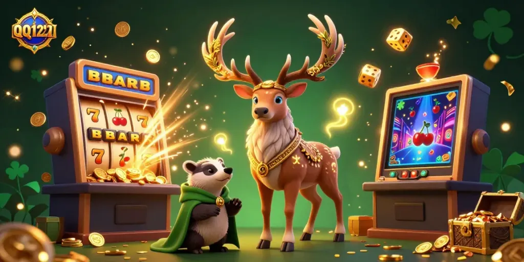 Experience the excitement of QQ1221 with dynamic characters and a jackpot-filled slot machine.