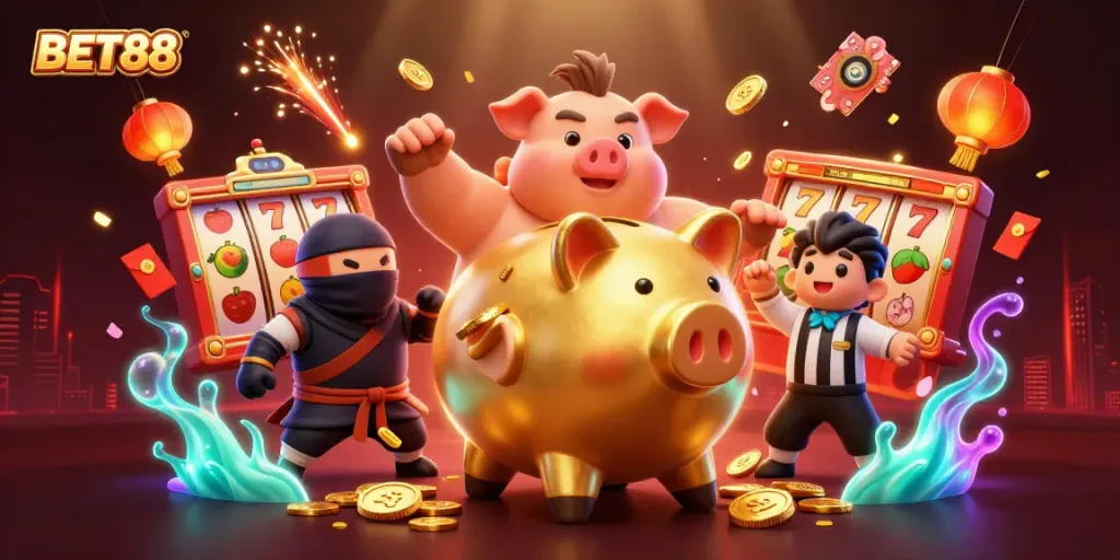 BET88 khuyến mãi hấp dẫn trong không gian game sống động với các biểu tượng slot và tiền xu vàng.